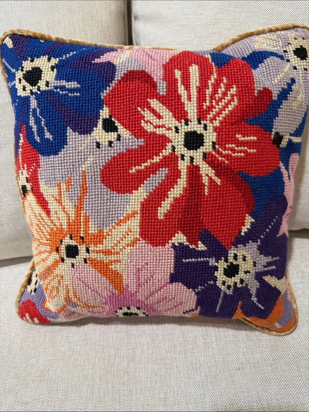 Floral Needlepoint Throw Pillow hand made stitch in Red, Blue & Orange vintage